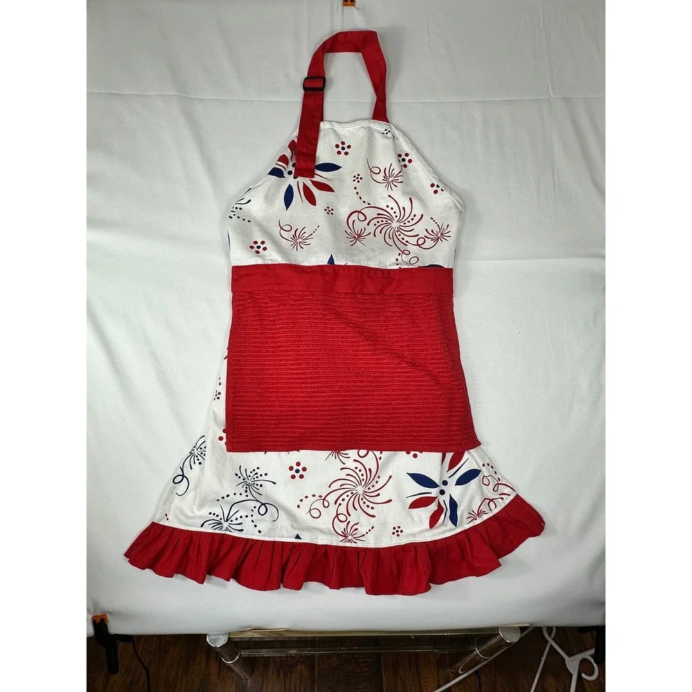 Temp-tations Apron Womens Patriotic‎ Floral Fireworks Red White Blue One Size